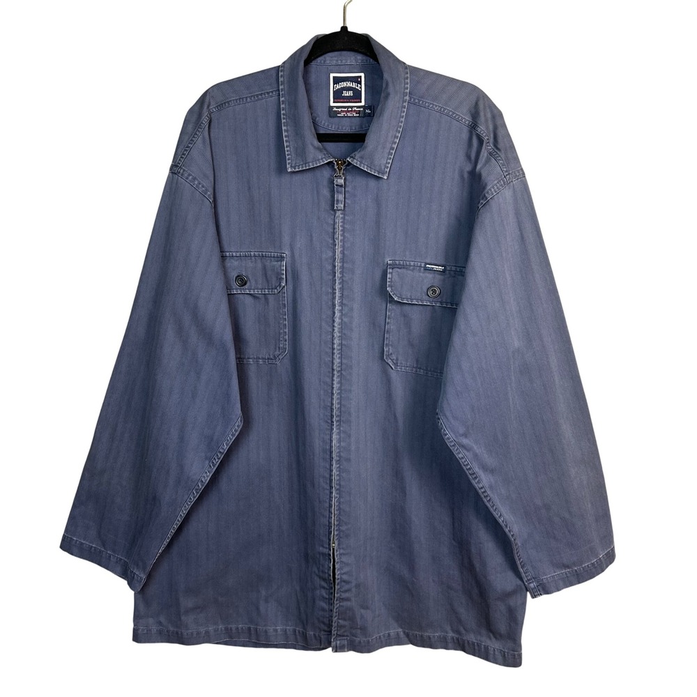 Faconnable Jeans Jacket Mens XL Blue Herringbone Full Zip Collared Workwear VTG